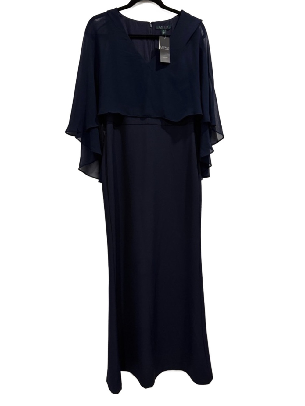 Lauren Ralph Lauren Navy Blue Mother of Bride Chiffon Cape Evening Dress 4 NWT